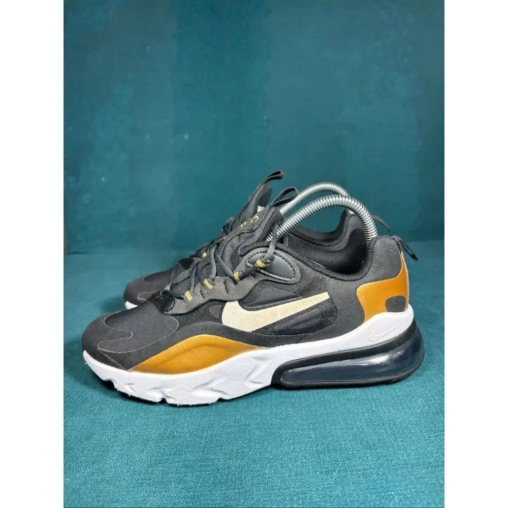 Nike Air Max 270 React Black Gold White Sneakers Youth 6Y Women’s 7.5 Shoes